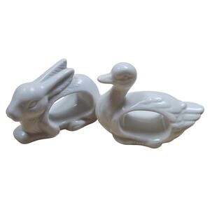 VTG Lot of 2 Ceramic Rabbit Duck Napkin Rings Easter Farmhouse Animals Dining